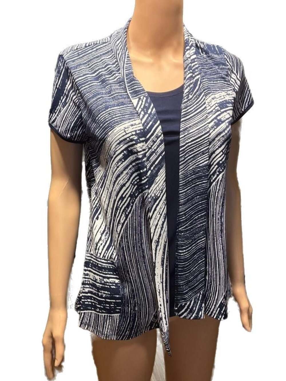 Liz McCoy Women's Size S Short Sleeve Open Front Cardigan Navy White Abstract Pr